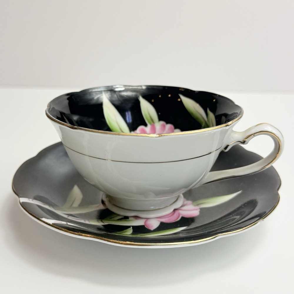 Vintage 1950s Saji Regina Black Lusterware Teacup Saucer Set Peony Bamboo Japan